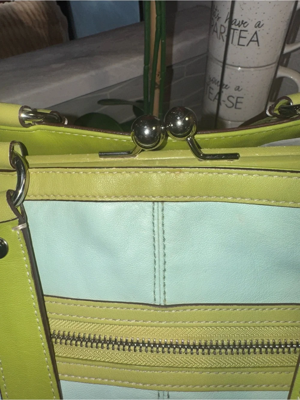 RARE EUC Coach KISS LOCK Two Tone Palette Green Leather with Lime Trim  PRETTY